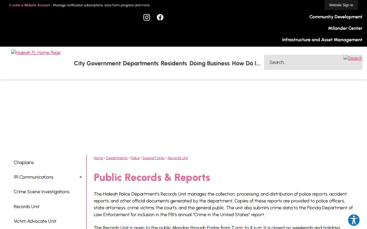 Official Hialeah Police Department Records Unit webpage